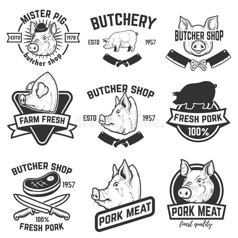 Grupo de etiquetas da carne de carne de porco Carniceiro Shop Cabeças do porco Elemento do projeto ilustração stock Grupo de etiquetas da carne de carne de porco Carniceiro Shop Cabeças do porco Elemento do projeto ilustração stock