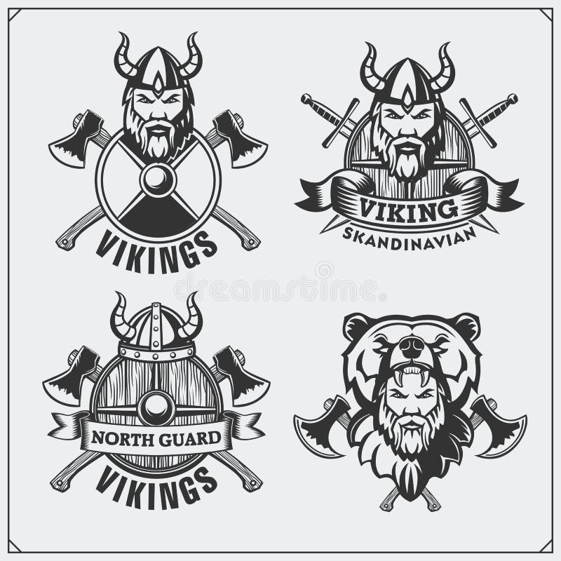 Grupo de etiquetas, de crachás e de emblemas de viquingue Capacete, guerreiro, protetor, espada e machado Horned Estilo do vintag ilustração do vetor Grupo de etiquetas, de crachás e de emblemas de viquingue Capacete, guerreiro, protetor, espada e machado Horned Estilo do vintag ilustração do vetor