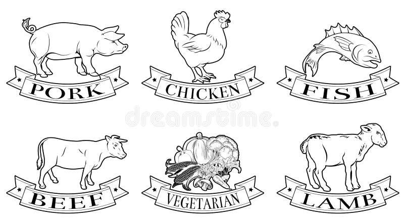 A set of food labels, icons or menu illustrations for beef chicken fish pork lamb and vegetarian options. A set of food labels, icons or menu illustrations for beef chicken fish pork lamb and vegetarian options