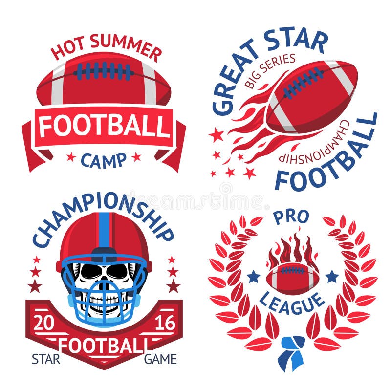 Grupo de etiquetas do futebol americano com bola ardente, scull no capacete, louro Vetor ilustração royalty free Grupo de etiquetas do futebol americano com bola ardente, scull no capacete, louro Vetor ilustração royalty free