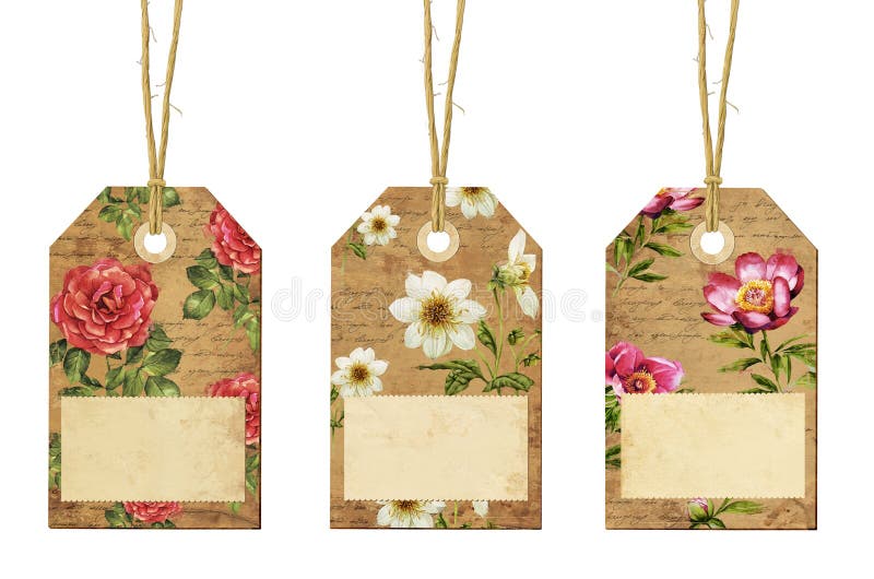 Set of three vintage tags with flowers. Set of three vintage tags with flowers
