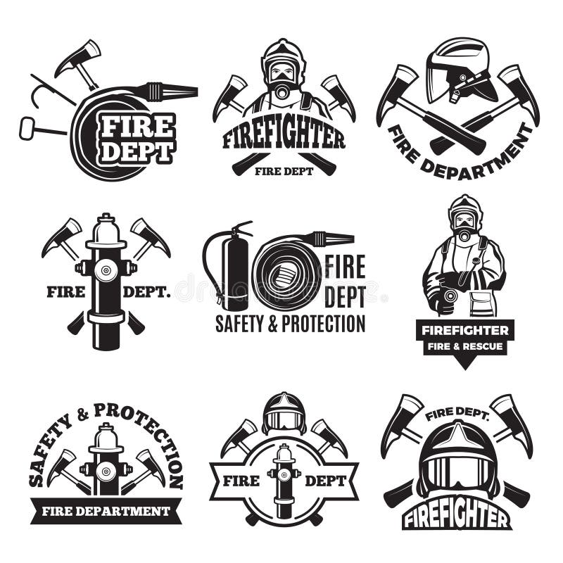 Grupo de etiquetas monocromático para o departamento dos bombeiros retratos ilustração stock Grupo de etiquetas monocromático para o departamento dos bombeiros retratos ilustração stock