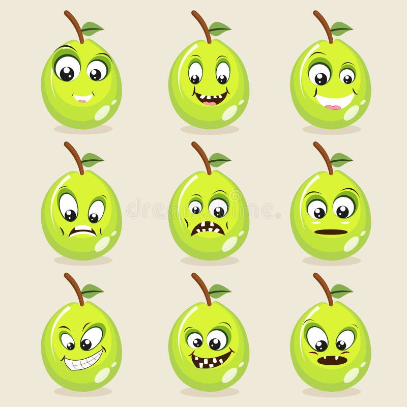 Set of different expressions with funny guava faces on beige background. Set of different expressions with funny guava faces on beige background.