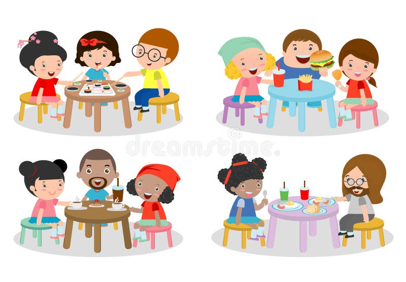 Grupo de família que senta-se na mesa de jantar, família que come o jantar, crianças que comem o fast food, família que come o su ilustração do vetor Grupo de família que senta-se na mesa de jantar, família que come o jantar, crianças que comem o fast food, família que come o su ilustração do vetor