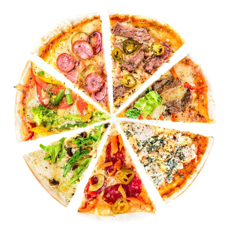 Grupo de fatias de pizza diferentes isoladas no branco Franco delicioso imagens de stock Grupo de fatias de pizza diferentes isoladas no branco Franco delicioso imagens de stock