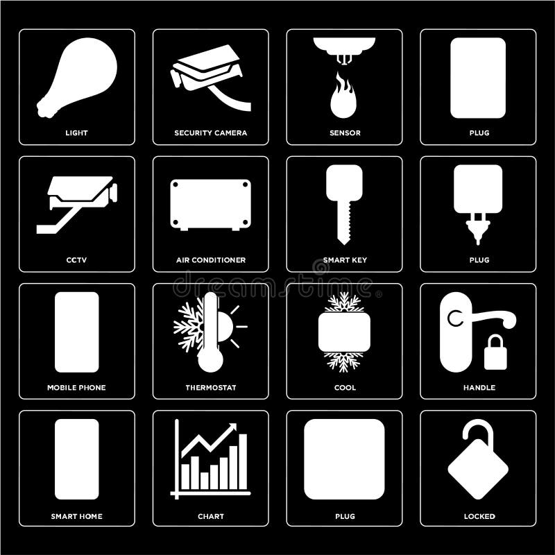 Grupo de fechado, tomada, casa esperta, fresca, telefone celular, chave, Cctv, ilustração do vetor Grupo de fechado, tomada, casa esperta, fresca, telefone celular, chave, Cctv, ilustração do vetor