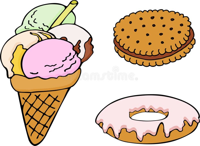Grupo de filhós tirada mão, gelado, biscoito Ilustração de cor do vetor ilustração stock Grupo de filhós tirada mão, gelado, biscoito Ilustração de cor do vetor ilustração stock