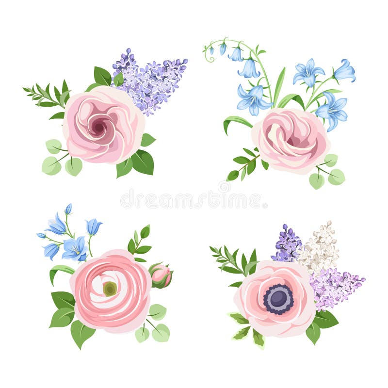 Grupo de flores cor-de-rosa, azuis e roxas Ilustração do vetor ilustração royalty free Grupo de flores cor-de-rosa, azuis e roxas Ilustração do vetor ilustração royalty free