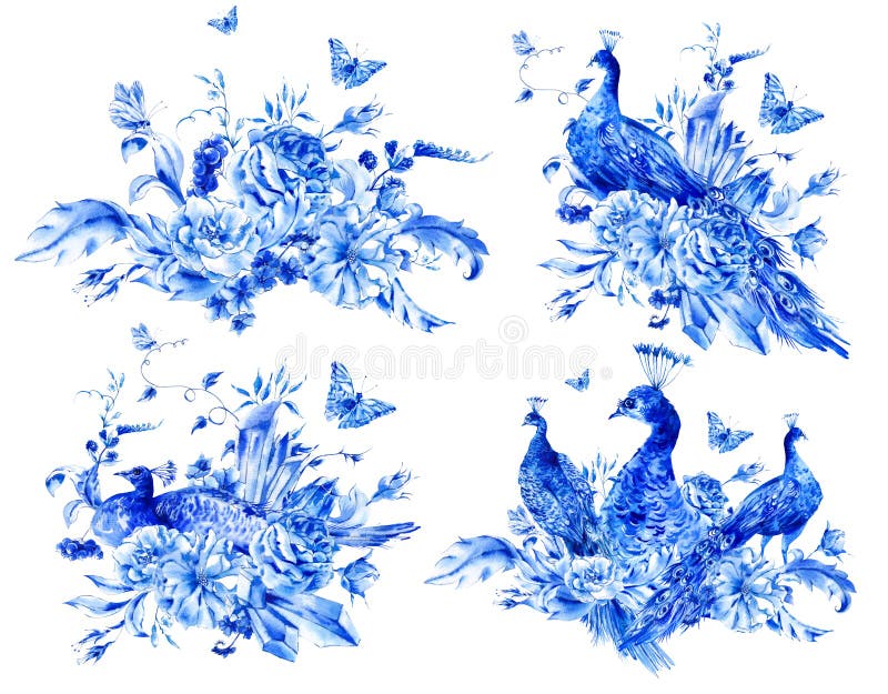 Grupo de flores e de pavão azuis isolados da aquarela ilustração stock Grupo de flores e de pavão azuis isolados da aquarela ilustração stock