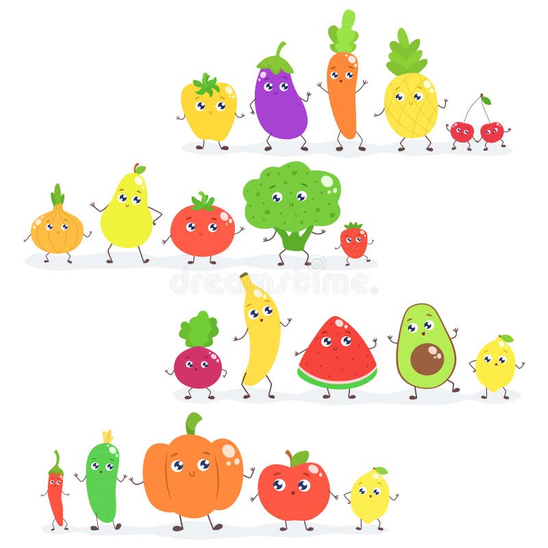 Frutas e legumes grupo desenho animado ilustração imagem vetorial