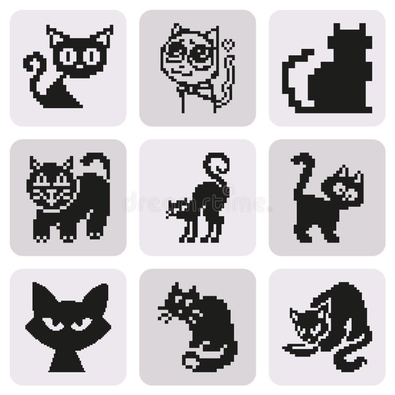 Pixel 8 bits gato preto animais para ativos de jogo em ilustração vetorial