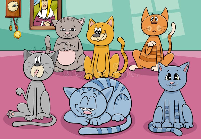 Conjunto de personagens de quadrinhos de gatos e gatinhos de desenho animado