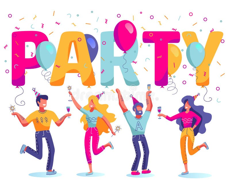 Grupo de gente feliz, alegre que celebra el d?a de fiesta, acontecimiento Los caracteres del hombre y de la mujer en el baile del stock de ilustración Grupo de gente feliz, alegre que celebra el d?a de fiesta, acontecimiento Los caracteres del hombre y de la mujer en el baile del stock de ilustración