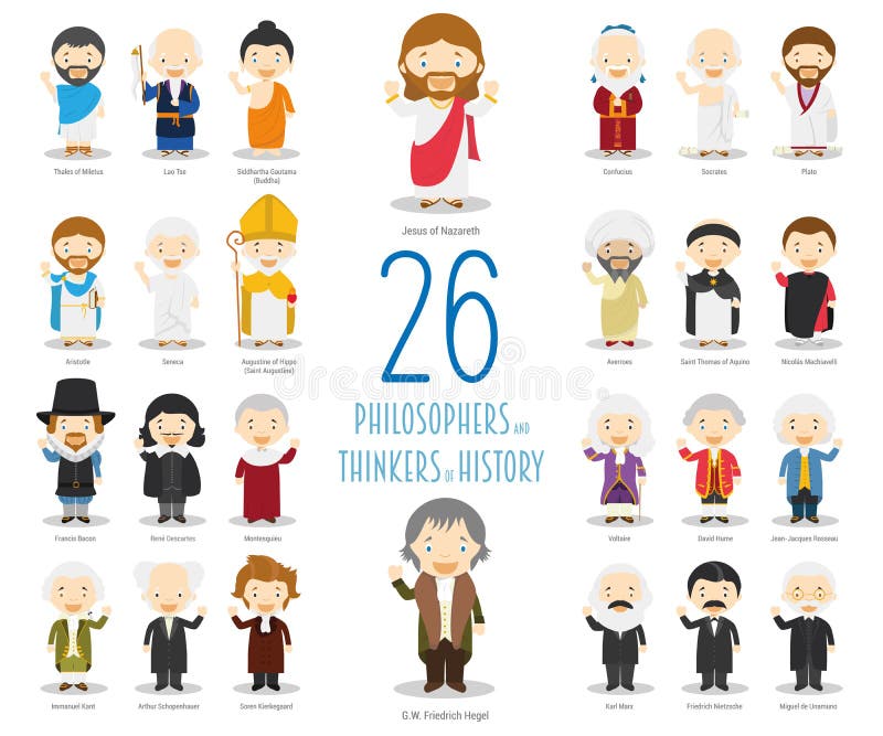 Grupo de 26 grandes pensadores de Philosophersand da história no estilo dos desenhos animados