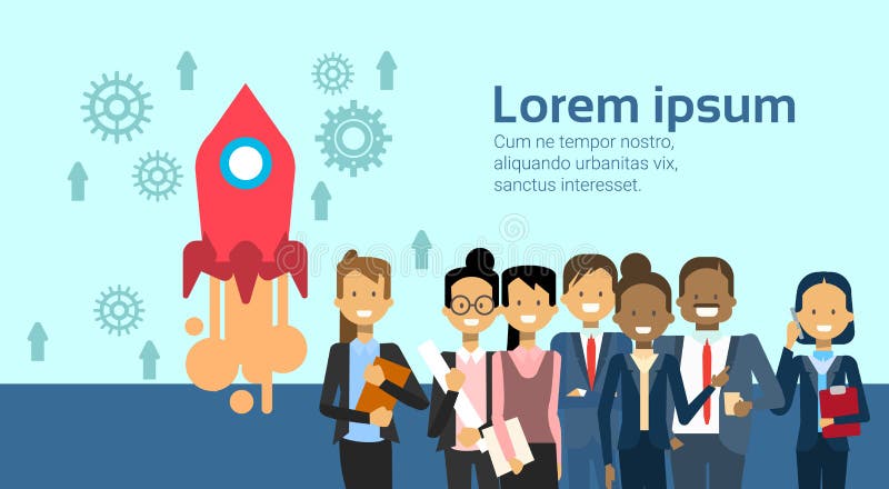 Grupo de hombres de negocios sobre el espacio Rocket Teamwork Startup Concept del vuelo ilustración del vector Grupo de hombres de negocios sobre el espacio Rocket Teamwork Startup Concept del vuelo ilustración del vector