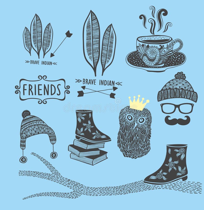 Grupo de ilustrações tiradas mão com o pássaro bonito da coruja ilustração royalty free Grupo de ilustrações tiradas mão com o pássaro bonito da coruja ilustração royalty free