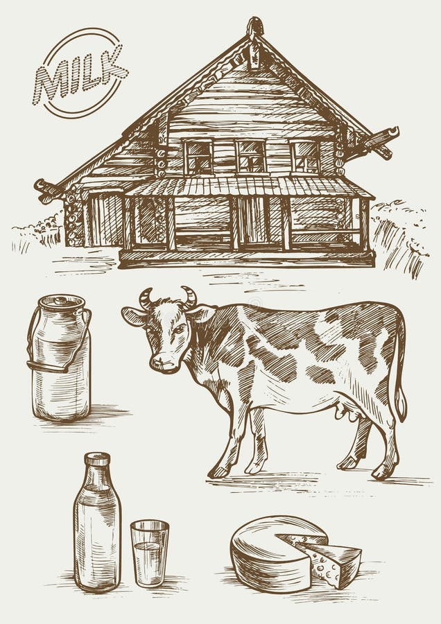 Grupo de imagens dos produtos láteos e da casa rural Vaca, casa de campo, garrafa e um vidro, latas do leite e etiqueta ilustração do vetor Grupo de imagens dos produtos láteos e da casa rural Vaca, casa de campo, garrafa e um vidro, latas do leite e etiqueta ilustração do vetor