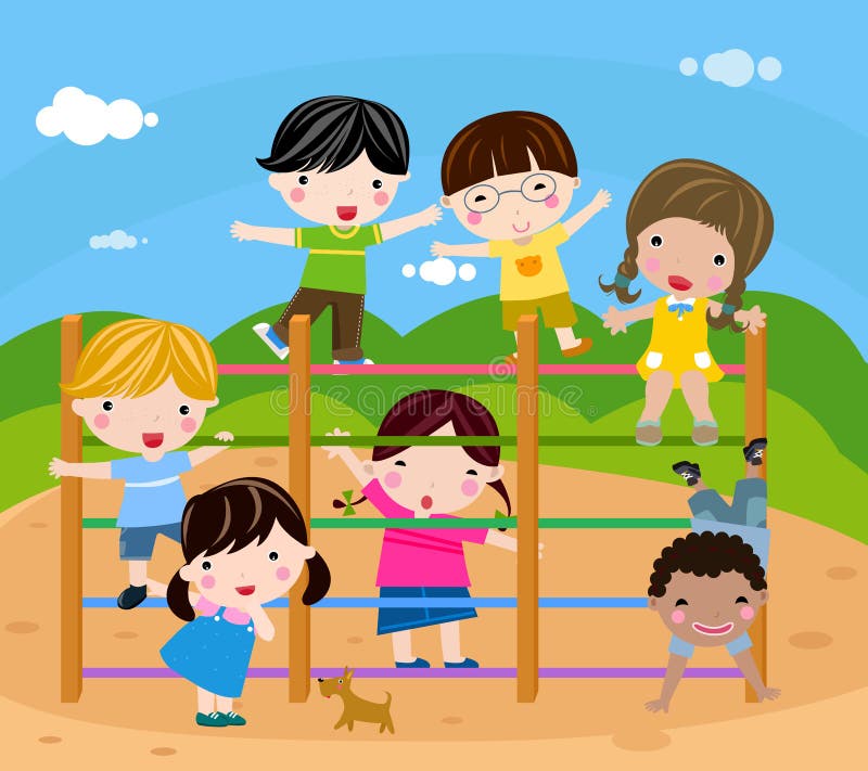 Grupo De Crianças Que Jogam O Jogo Em Um Parque Público Ou Playground Da  Escola Com Balanços, Slides, Skate, Bola, Lápis De Cor, Corda, Jogo Do  Catch-up. Infância Feliz. Ilustração Moderna. Clipart