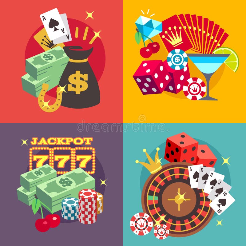 Grupo de jogo do conceito do vetor do casino com ícones lisos do jackpot do dinheiro da vitória ilustração stock Grupo de jogo do conceito do vetor do casino com ícones lisos do jackpot do dinheiro da vitória ilustração stock