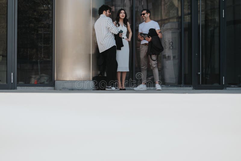 Three young adults engage in conversation while holding coffee cups outside an office building on a sunny day. Three young adults engage in conversation while holding coffee cups outside an office building on a sunny day.