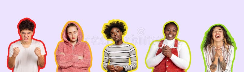 Grupo de jóvenes y mujeres expresando diferentes emociones con gestos y expresiones faciales. psicología de la personalidad fotos de archivo libres de regalías