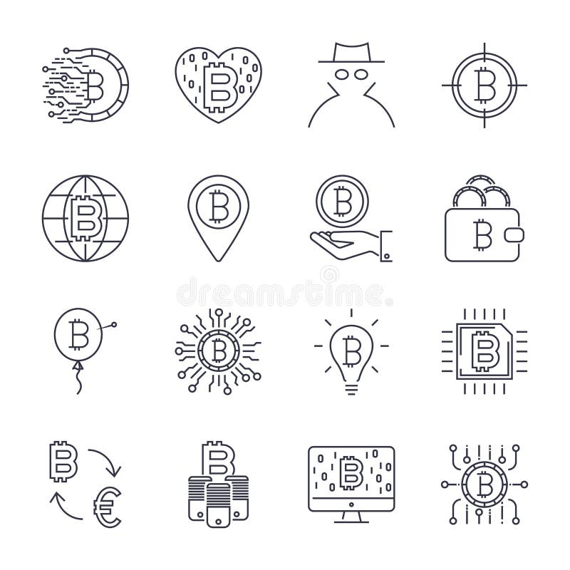 Grupo de linha ?cones do bitcoin do vetor Investimentos, pagamentos e troca, Internet banking, carteira, pacote de dinheiro, m?o ilustração stock Grupo de linha ?cones do bitcoin do vetor Investimentos, pagamentos e troca, Internet banking, carteira, pacote de dinheiro, m?o ilustração stock