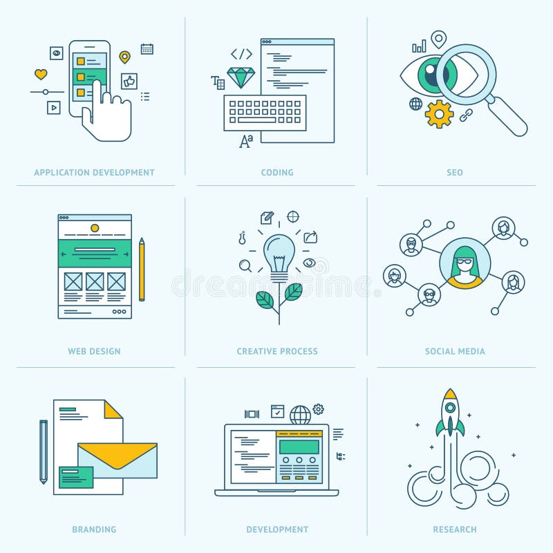 Icons for application development, web page coding and programming, seo, web design, creative process, social media, branding, marketing. Icons for application development, web page coding and programming, seo, web design, creative process, social media, branding, marketing.