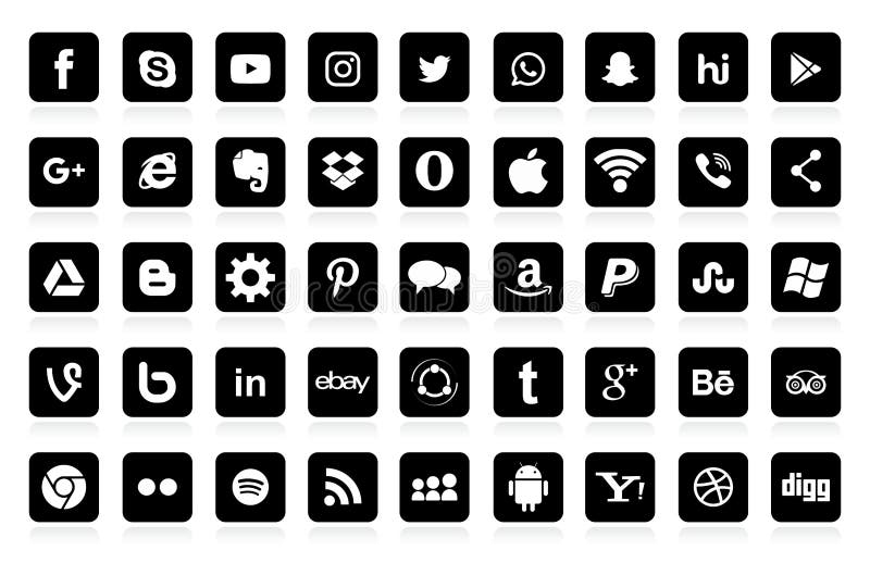 Grupo de logotipos sociais populares dos meios, ícones: Facebook, Instagram, Youtube, Twitter, LinkedIn, WhatsApp