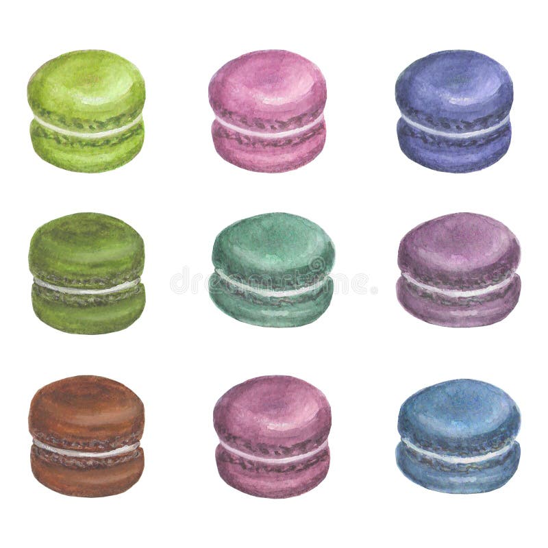Grupo de macarons coloridos da aquarela ilustração stock Grupo de macarons coloridos da aquarela ilustração stock