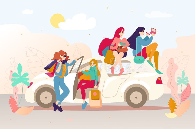 Grupo de muchachas con los bolsos después de hacer compras en un coche libre illustration Grupo de muchachas con los bolsos después de hacer compras en un coche libre illustration