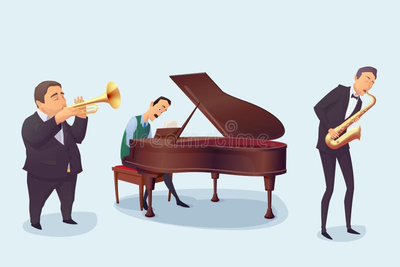 grupo de músicos no fundo branco Saxofonista, pianista, trompetista Estilo dos desenhos animados ilustração royalty free grupo de músicos no fundo branco Saxofonista, pianista, trompetista Estilo dos desenhos animados ilustração royalty free