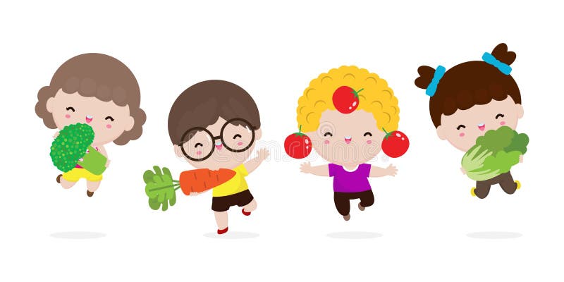  Grupo De Niños Felices Y Verduras Lindo Dibujos Animados Niños Comiendo Repollo Chino De Brócoli Zanahoria Tomate Ilustración del Vector