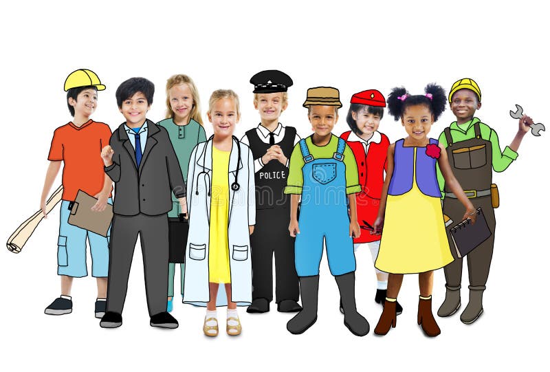 Grupo de niños con diverso concepto de los empleos stock de ilustración Grupo de niños con diverso concepto de los empleos stock de ilustración