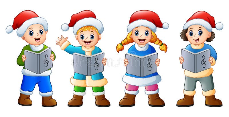 Illustration of Group of kids in santa costume singing christmas carols. Illustration of Group of kids in santa costume singing christmas carols