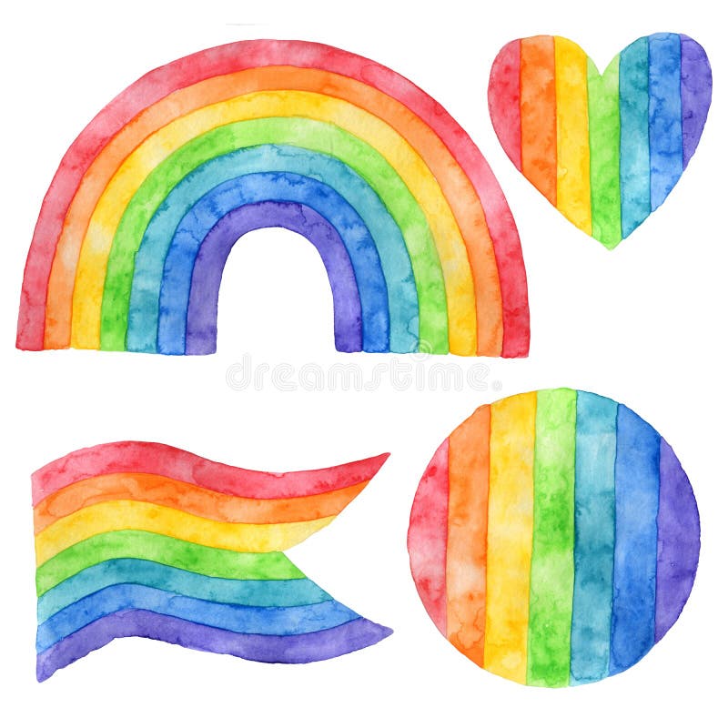 Watercolor drawing of a rainbow in the form of a heart, a circle, a flag. Isolated objects on white background. Watercolor drawing of a rainbow in the form of a heart, a circle, a flag. Isolated objects on white background.