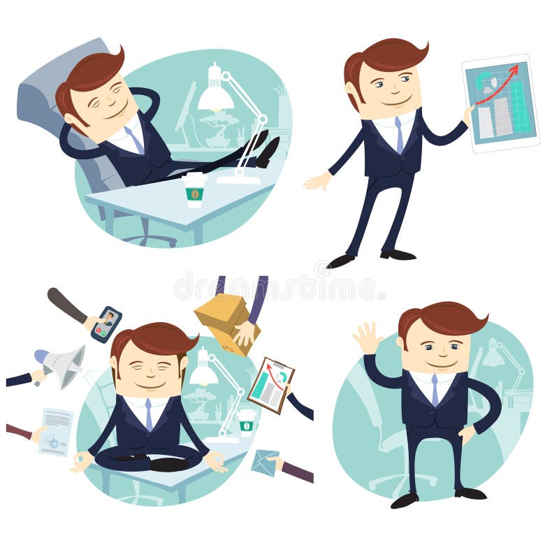 Grupo de officeman: pé preguiçoso do trabalhador na mesa, vendedor com dispositivo ilustração royalty free Grupo de officeman: pé preguiçoso do trabalhador na mesa, vendedor com dispositivo ilustração royalty free