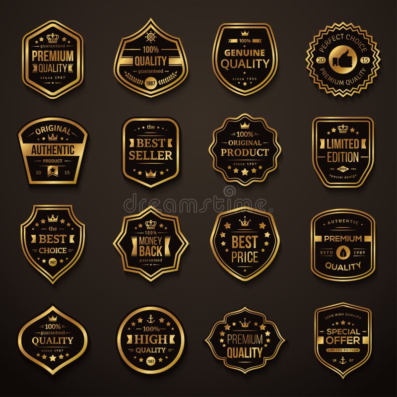 Grupo de ouro retro e de crachás superiores pretos da qualidade ilustração do vetor Grupo de ouro retro e de crachás superiores pretos da qualidade ilustração do vetor