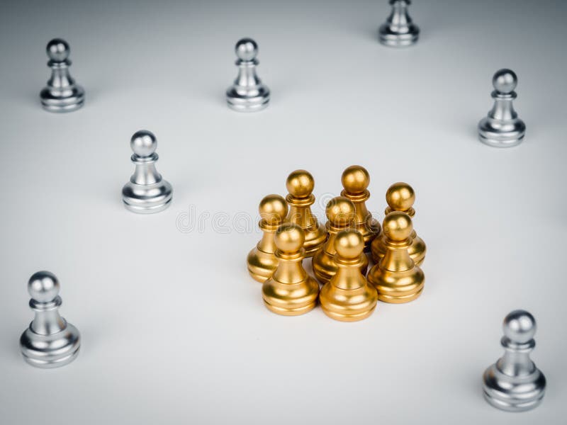 Peça De Xadrez De Peão Dourado Que Lidera Em Frente Ao Grupo De Peças De  Xadrez De Peão Prateado. Foto de Stock - Imagem de jogo, corte: 248351556