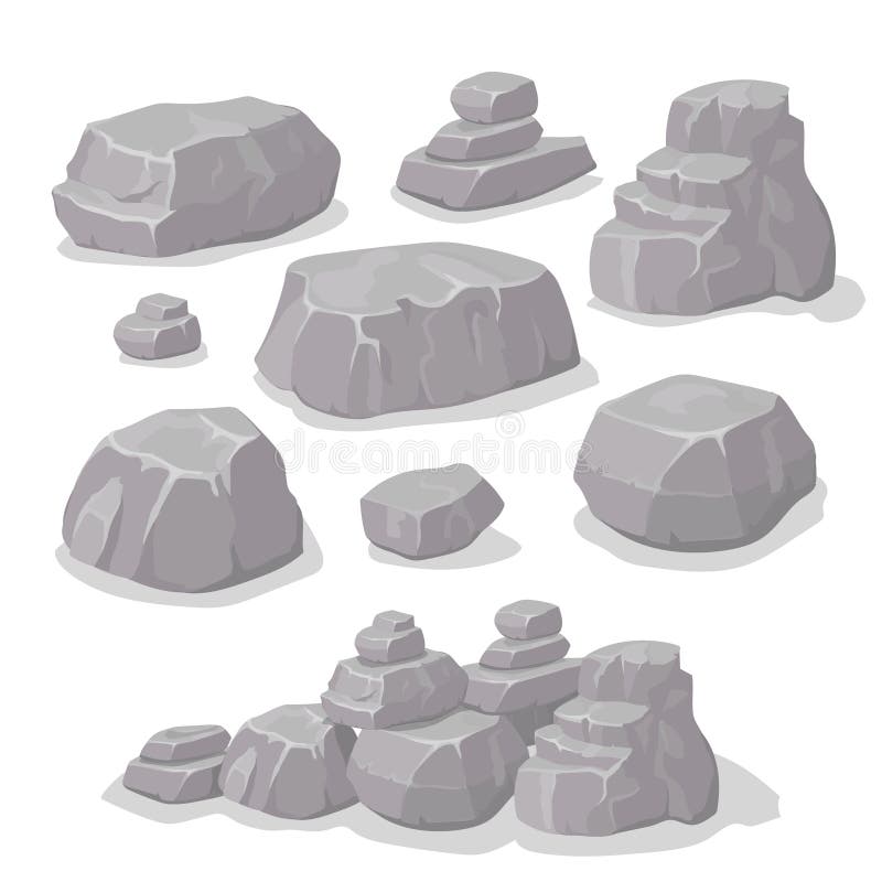 Grupo de pedras, grupo diferente do estilo dos desenhos animados das formas dos elementos da rocha, projeto liso, vetor isométric ilustração stock Grupo de pedras, grupo diferente do estilo dos desenhos animados das formas dos elementos da rocha, projeto liso, vetor isométric ilustração stock