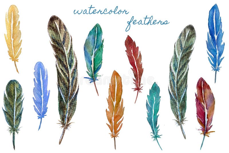 Grupo de penas coloridas da aquarela M?o desenhada ilustração do vetor Grupo de penas coloridas da aquarela M?o desenhada ilustração do vetor