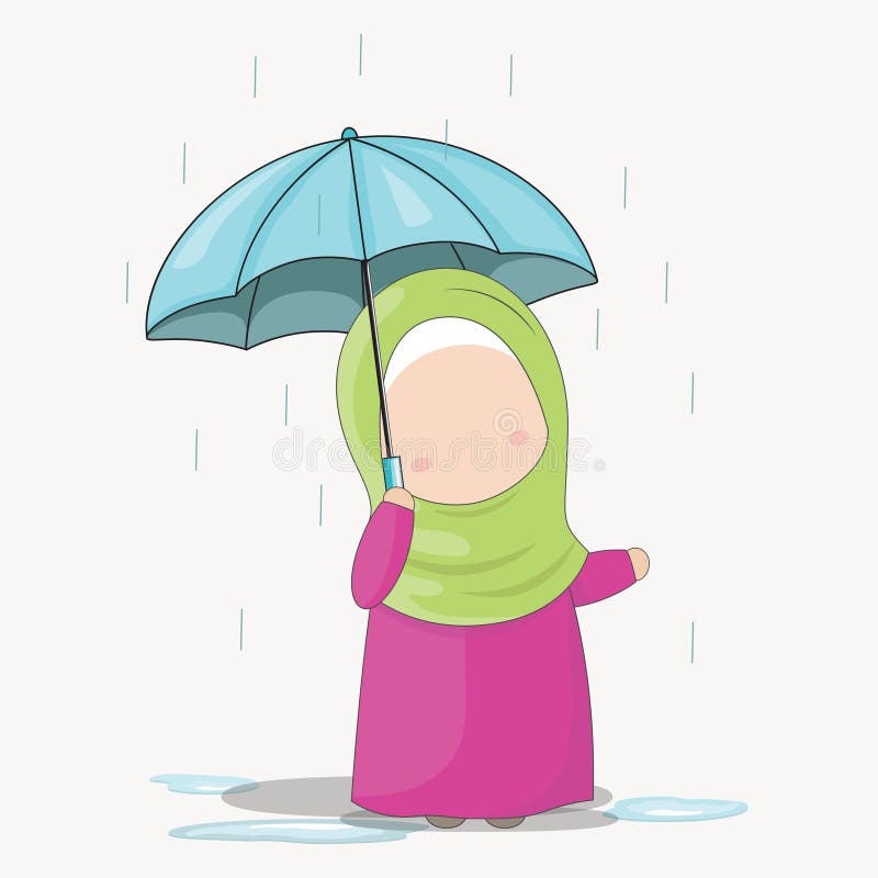Grupo de personagem de banda desenhada da menina de Hijab sob a chuva com um guarda-chuva, ilustração do vetor ilustração do vetor Grupo de personagem de banda desenhada da menina de Hijab sob a chuva com um guarda-chuva, ilustração do vetor ilustração do vetor
