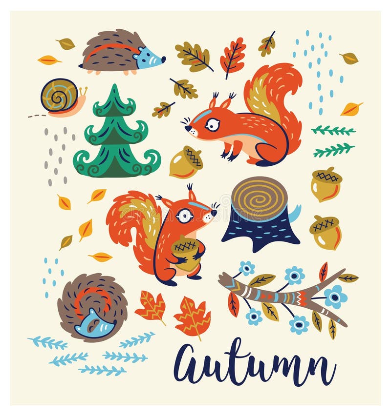 Autumn card. Fall. Vector set. Set of cartoon characters and autumn elements - squirrels, leaves, hedgehogs, snail, tree stump, nuts and fir. Autumn card. Fall. Vector set. Set of cartoon characters and autumn elements - squirrels, leaves, hedgehogs, snail, tree stump, nuts and fir