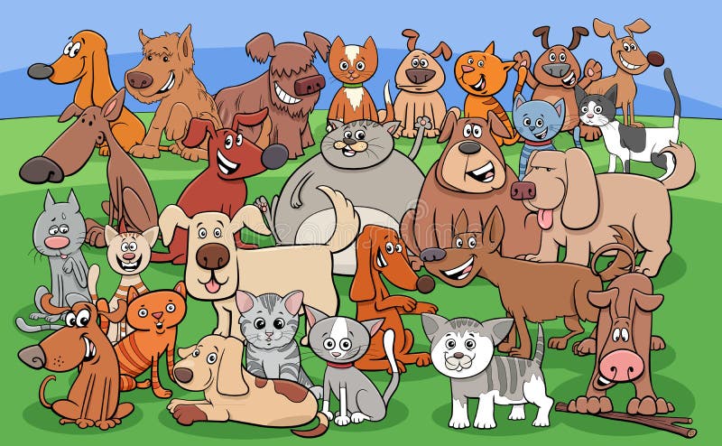 Ilustração dos desenhos animados do grupo de personagens de animais em  quadrinhos de gatos coloridos engraçados