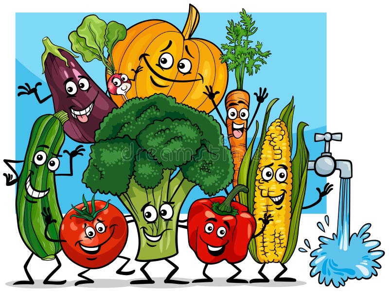 Legumes · grupo · desenho · animado · ilustração · engraçado