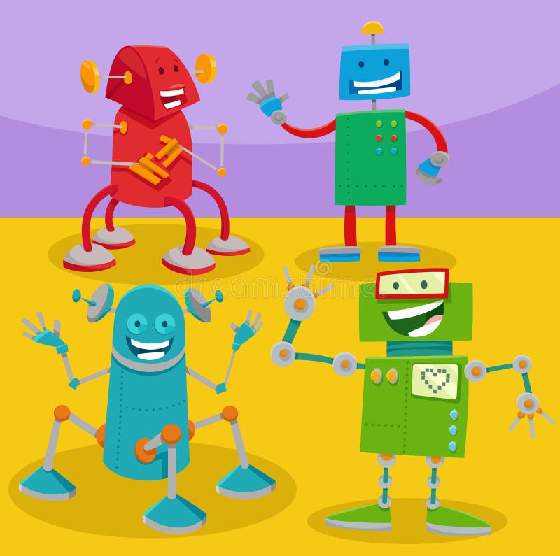 Grupo De Personajes De Fantasía De Robots De Dibujos Animados Divertidos  Ilustración del Vector - Ilustración de metal, mascota: 244336462