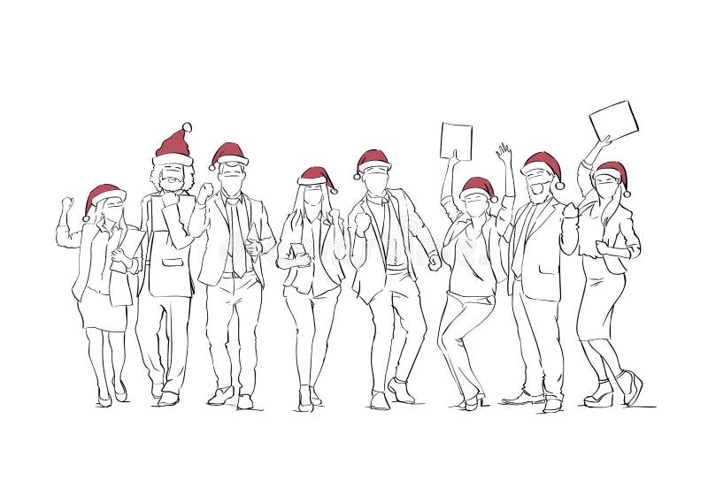 Grupo de personas alegre que lleva bosquejos del ser humano de las vacaciones de invierno de Santa Hats Celebrating Merry Christm libre illustration Grupo de personas alegre que lleva bosquejos del ser humano de las vacaciones de invierno de Santa Hats Celebrating Merry Christm libre illustration