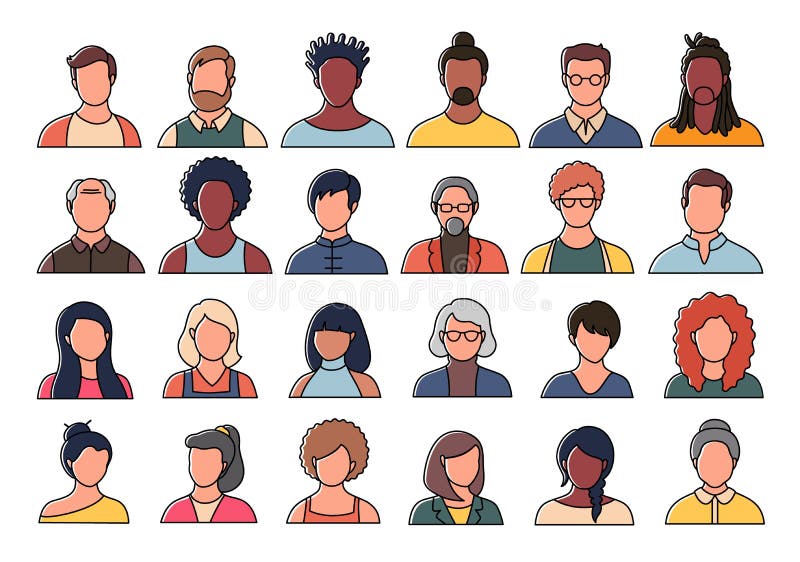 Grupo de personas avatares jefes de diferentes etnias y edades de estilo plano. redes sociales de varias nacionalidades