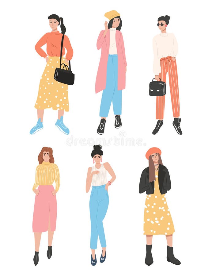 Grupo De Personas Con Ropa De Moda Mujeres Cargando Bolsos E Ilustraciones De Dibujos Animados Ilustración del Vector - Ilustración de alineada, minorista: 199431124