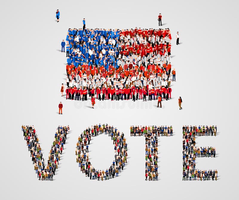 Grupo de personas grande en la forma de la bandera de los Estados Unidos de América y de la palabra del voto EE.UU. stock de ilustración Grupo de personas grande en la forma de la bandera de los Estados Unidos de América y de la palabra del voto EE.UU. stock de ilustración