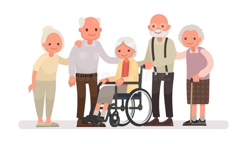 Grupo de personas mayores en un fondo blanco Una mujer mayor es s ilustración del vector